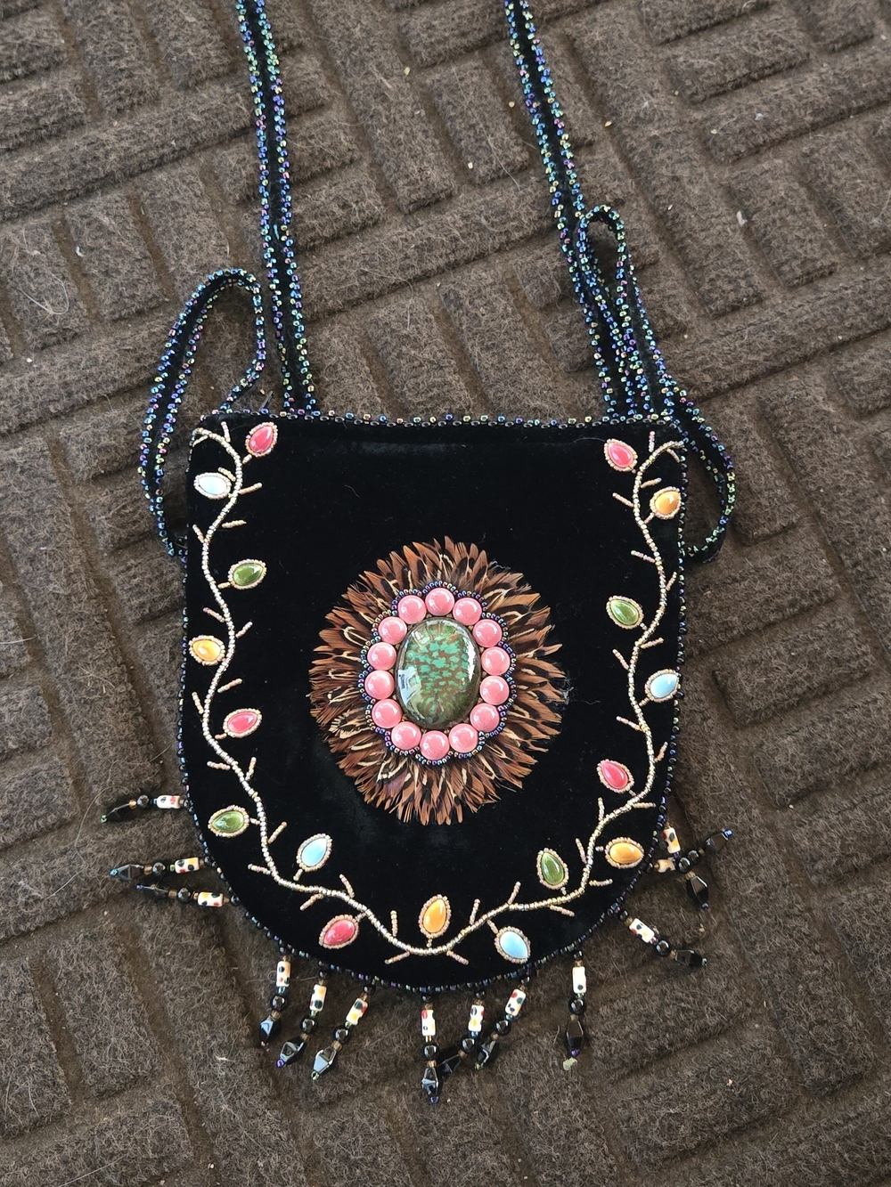 Black Velvet Beaded Crossbody Bag with Multicolor Gem Embellishments